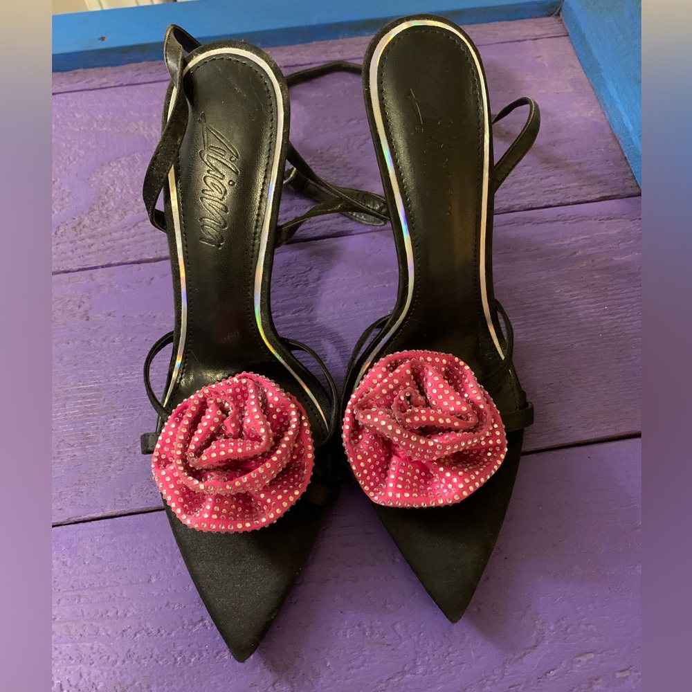 Black Stiletto Heels with Pink Embellishment